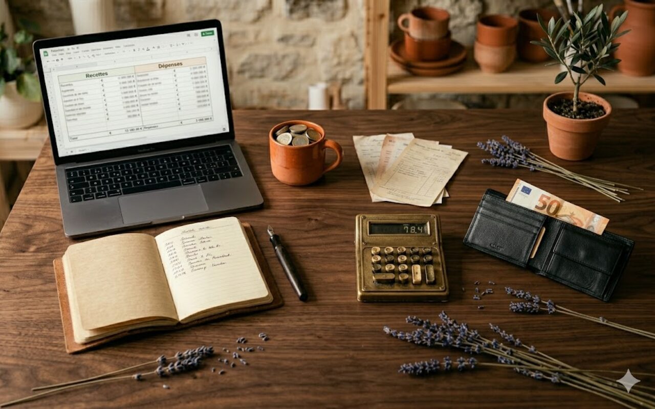 Bureau d'artisan créateur avec laptop affichant un tableur comptable Recettes/Dépenses, calculatrice vintage, mug avec pièces de monnaie, portefeuille ouvert et brins de lavande sur table en bois walnut