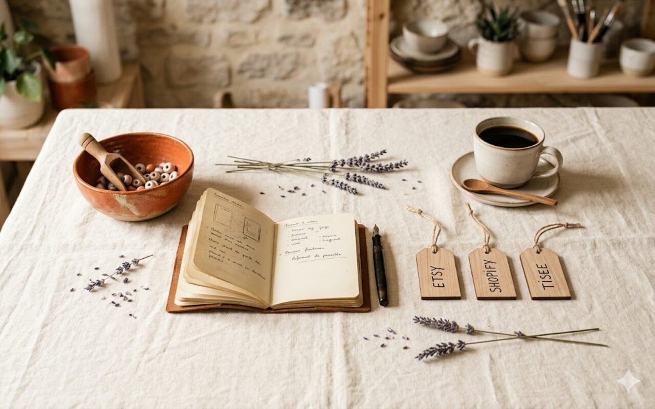 Atelier d'artisan créateur français avec carnet d'écriture, bol terracotta, étiquettes en bois Etsy Shopify Tisee et brins de lavande sur nappe en lin